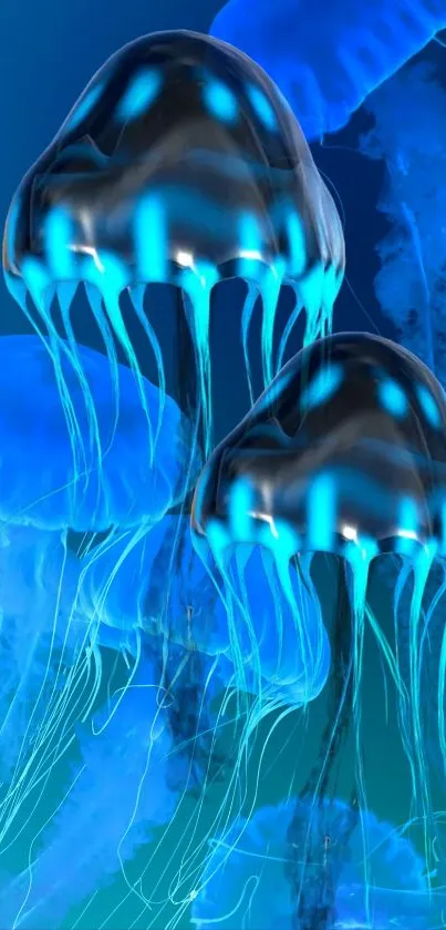 Vibrant glowing blue jellyfish in ocean depths.