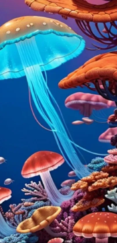 Colorful jellyfish swimming among coral reefs in a vibrant ocean scene.