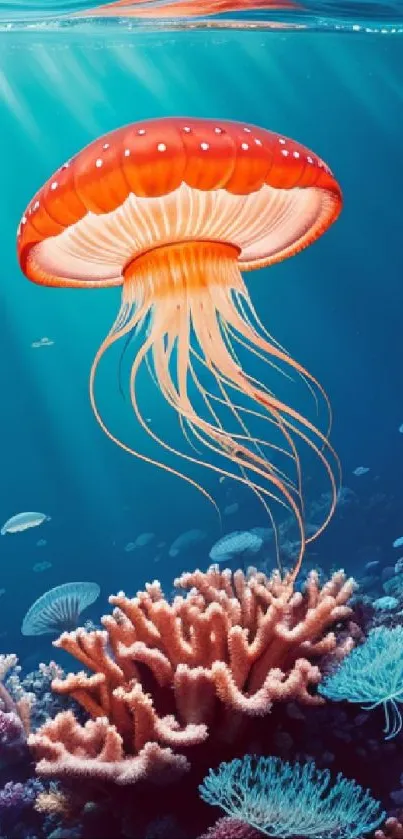 Vibrant jellyfish swimming above colorful coral in a serene ocean scene.