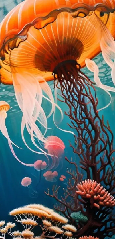 Vibrant orange jellyfish amidst corals in an underwater scene.