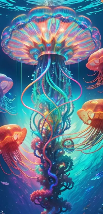 Vibrant jellyfish gliding in an underwater ocean scene with colorful coral.