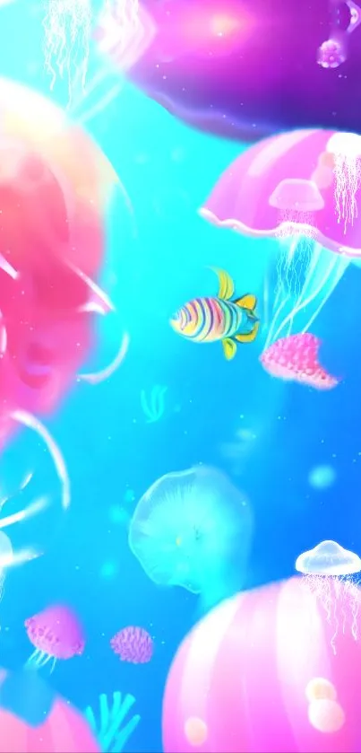 Vibrant underwater scene with jellyfish and a striped fish.