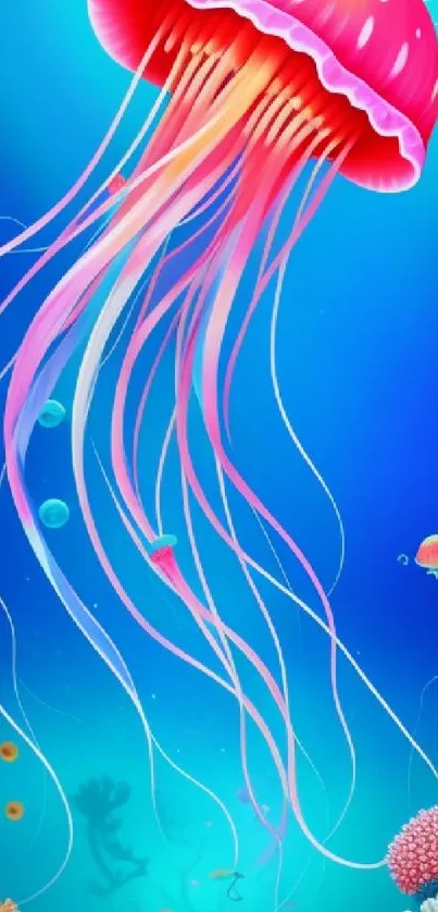 Vibrant jellyfish swimming in blue ocean with colorful coral.