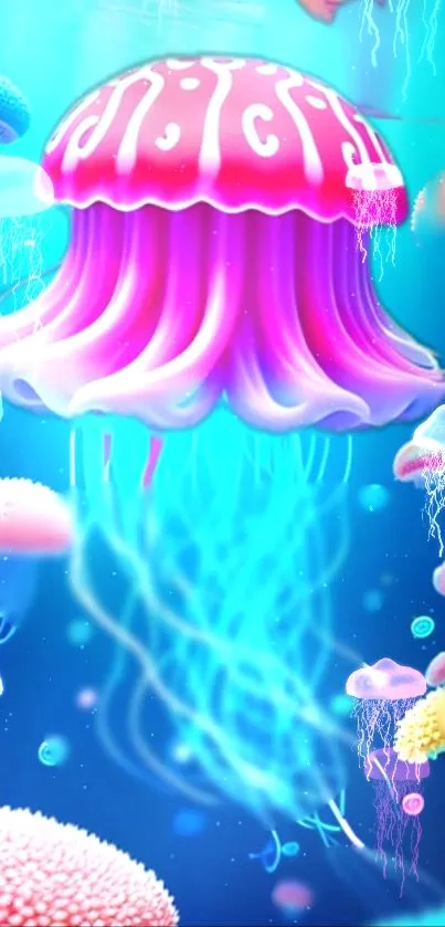 Colorful jellyfish swimming in vibrant ocean.