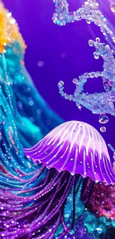 Vibrant purple jellyfish in colorful ocean waves.