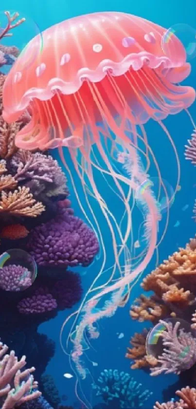 Vibrant jellyfish swimming in colorful coral reef.