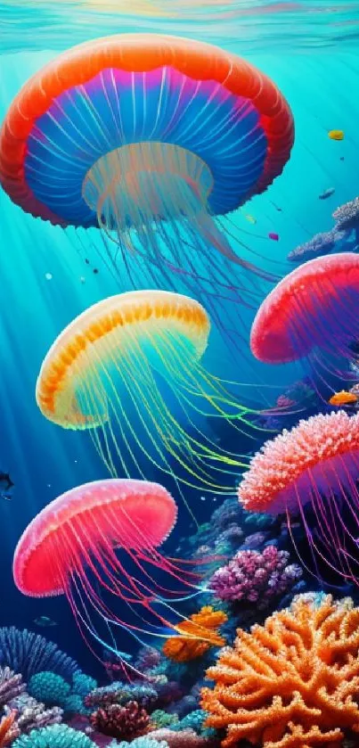 Colorful jellyfish float over a vibrant coral reef in a sunlit ocean scene.