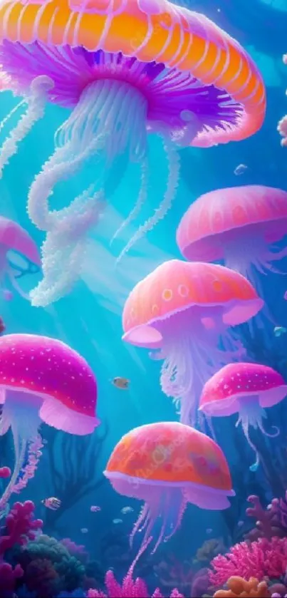 Beautiful jellyfish swim in vibrant blue ocean scene.