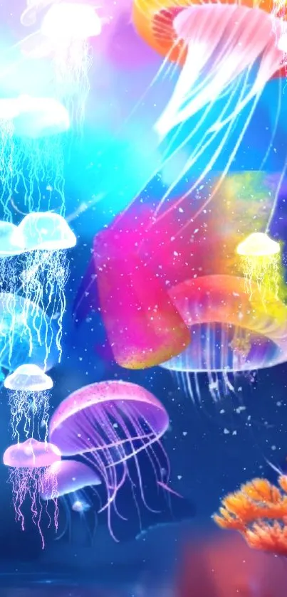 Vibrant jellyfish swim in a colorful, dreamy ocean background.