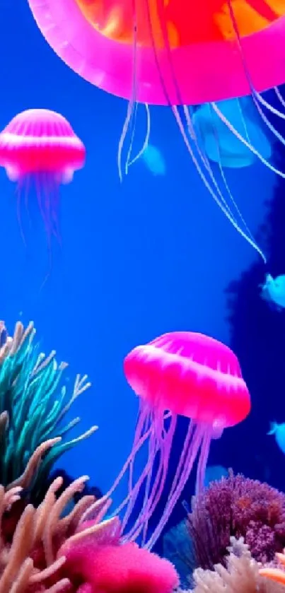 Pink jellyfish swimming in vibrant coral reef.