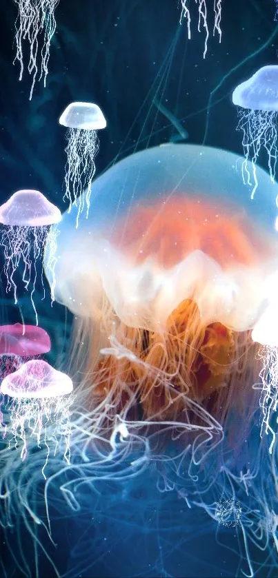 Colorful jellyfish float in a dark ocean background, creating a vibrant scene.