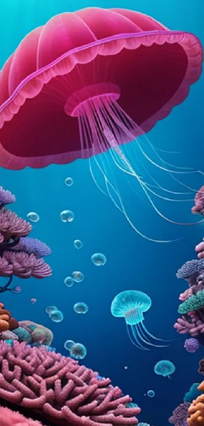 Colorful jellyfish and coral reef in vibrant ocean wallpaper.