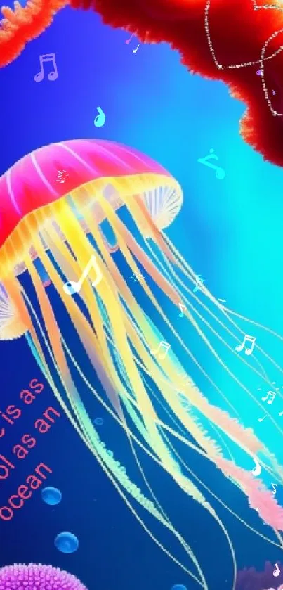 Colorful jellyfish swimming in a vibrant ocean scene with coral and bubbles.