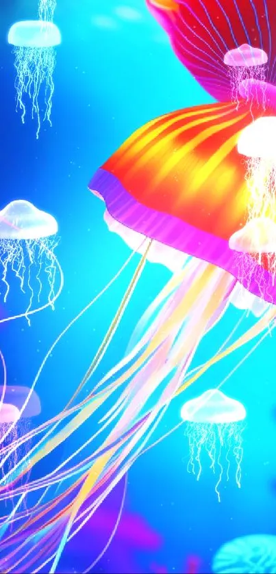 Vibrant jellyfish with colorful corals in a blue ocean scene for mobile wallpaper.