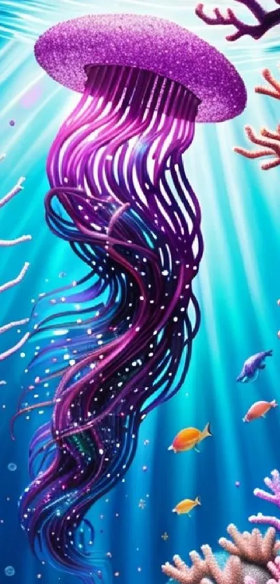 Colorful jellyfish and coral underwater scene with vibrant marine life.