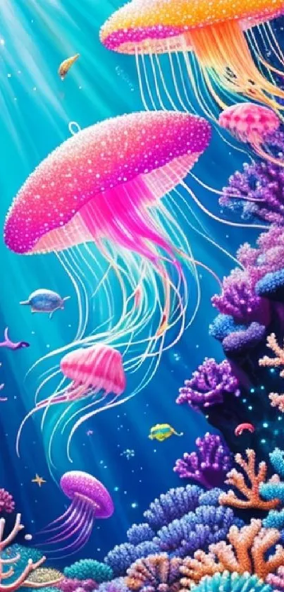 Colorful jellyfish swim above coral in a vibrant underwater scene.