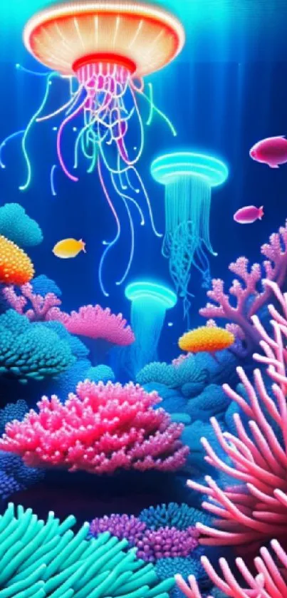 Vibrant glowing jellyfish with colorful corals underwater mobile wallpaper.