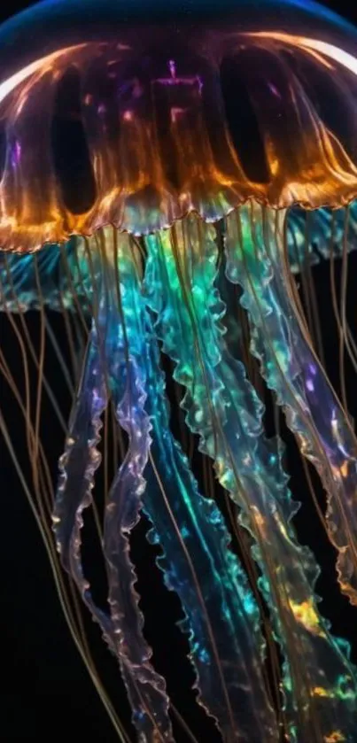 Colorful jellyfish in a dark ocean setting.