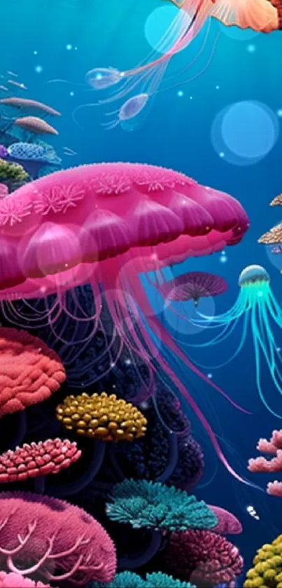 Colorful jellyfish and corals in a vibrant ocean scene.