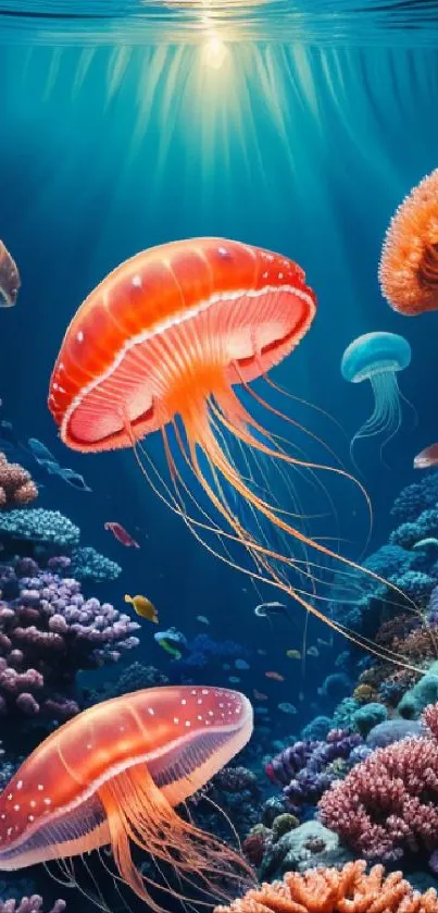 Vibrant ocean wallpaper with jellyfish and coral reefs.