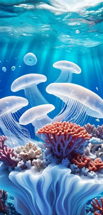 Vibrant jellyfish and coral ocean wallpaper for mobile devices.