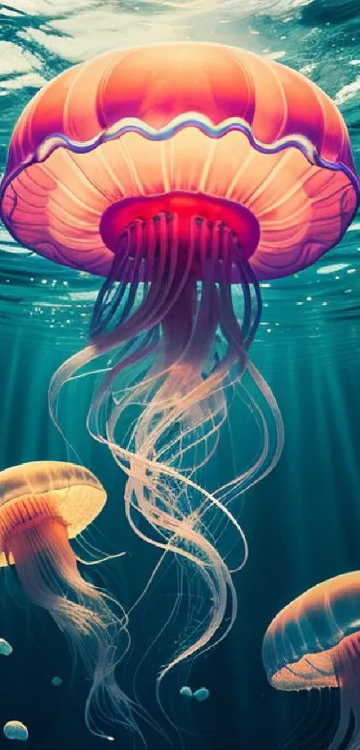 Vibrant jellyfish swim gracefully in teal ocean waters.