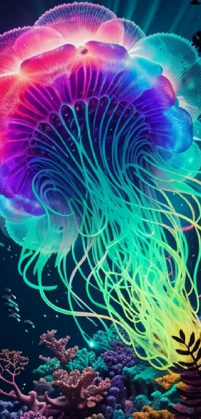 Vibrantly colored jellyfish in an underwater ocean scene.