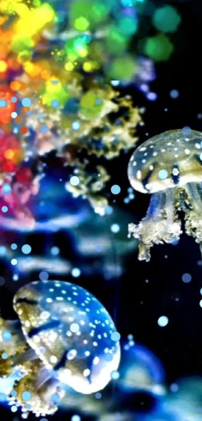 Vibrant wallpaper with glowing blue jellyfish floating in the ocean darkness.