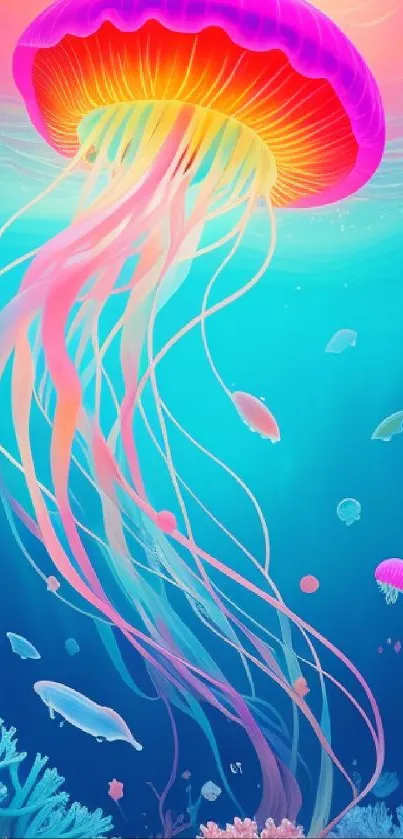 Vibrant pink jellyfish in colorful ocean scene, rich in marine life and neon hues.