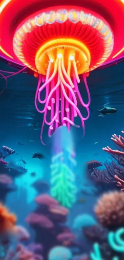 Colorful jellyfish illuminates an ocean scene with vibrant, neon hues.