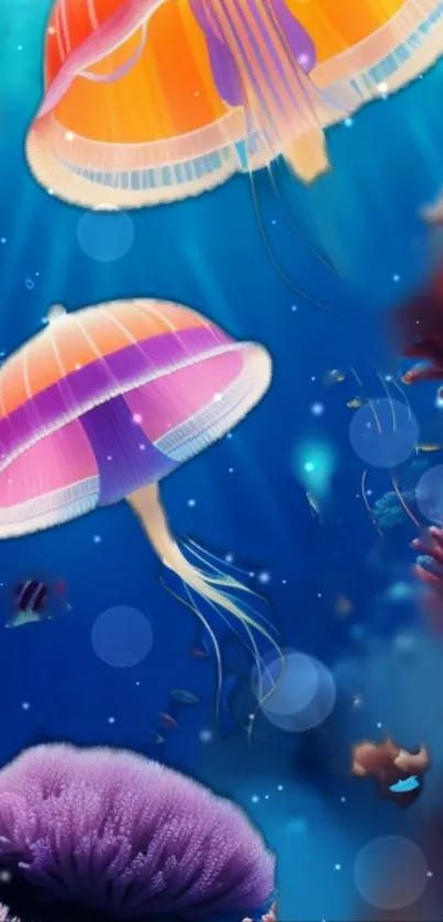 Colorful jellyfish swim in vibrant ocean wallpaper.