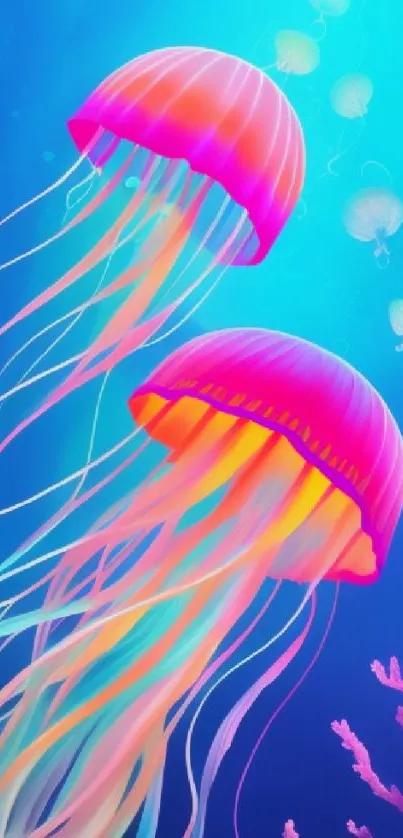 Vibrant neon jellyfish in ocean wallpaper.