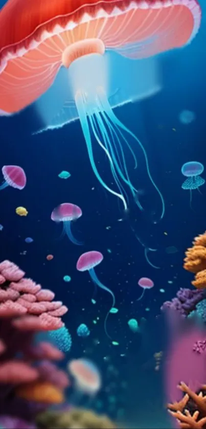 Colorful jellyfish and corals in the ocean, creating a vibrant underwater scene.