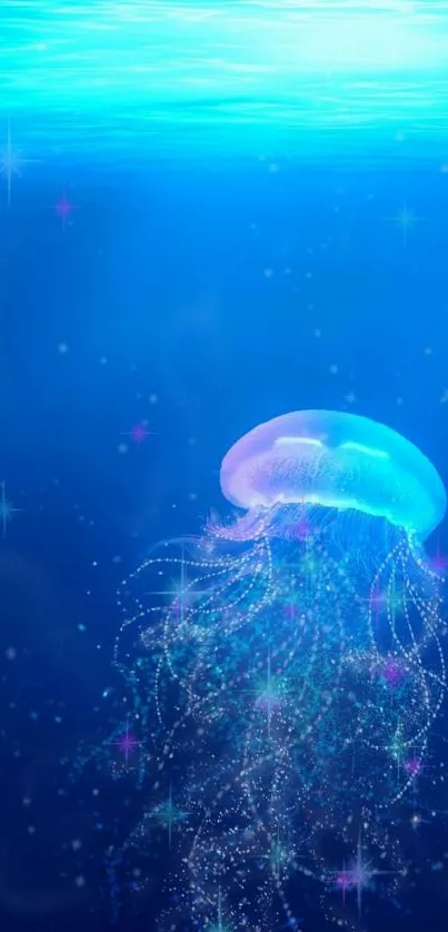 Vibrant jellyfish floating in a deep blue ocean.