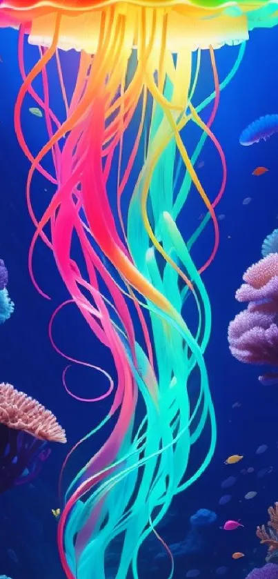 Colorful jellyfish with vibrant ocean background.