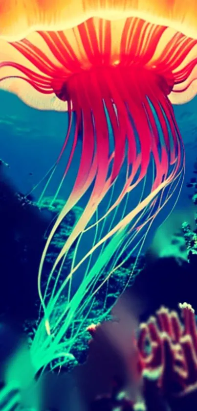 Vibrant neon jellyfish swimming underwater wallpaper.