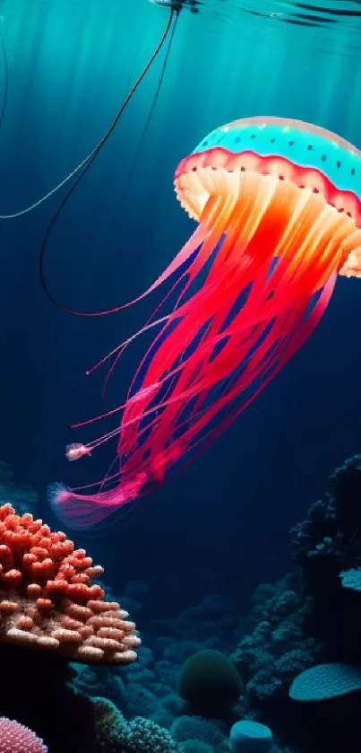 Vibrant jellyfish swimming over a colorful coral reef underwater.