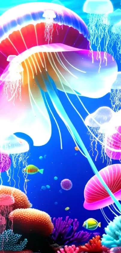 Vibrant jellyfish wallpaper with coral and ocean life.