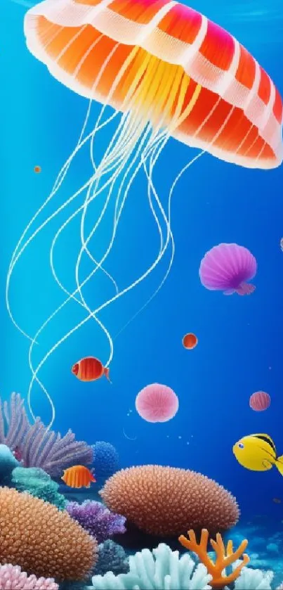 Vibrant jellyfish swimming in a colorful coral-filled ocean scene.