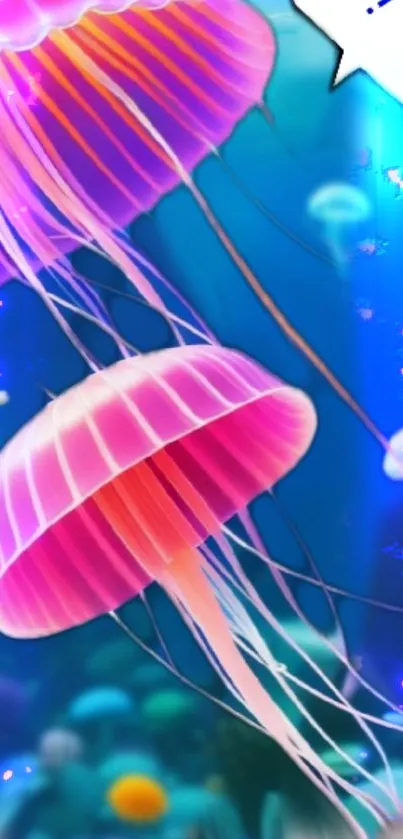 Vibrant jellyfish swimming against a deep blue ocean background.