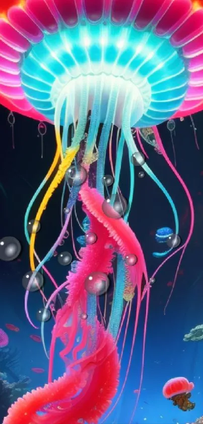 Vibrant neon jellyfish in a colorful ocean scene.