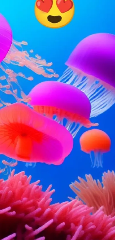 Vibrant jellyfish in a blue ocean wallpaper with coral.