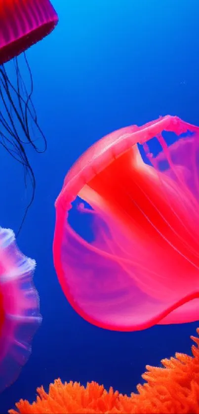 Vibrant jellyfish swimming in a deep blue ocean backdrop.