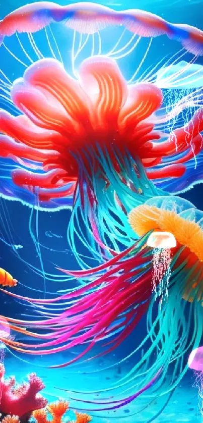 Vibrant underwater jellyfish with colorful tentacles in a deep blue ocean.