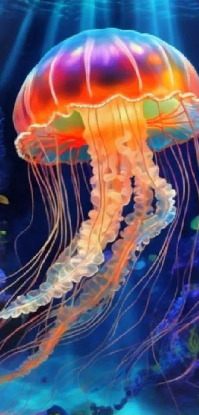 Vibrant jellyfish gracefully moves in a colorful underwater ocean scene.