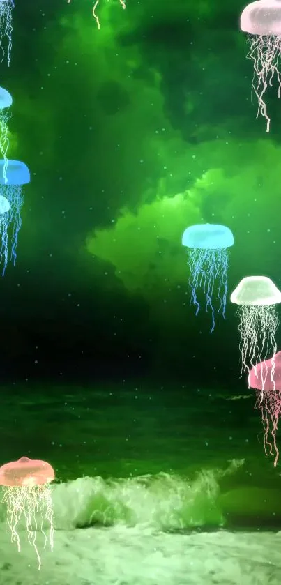 Colorful jellyfish float above a dark green ocean.