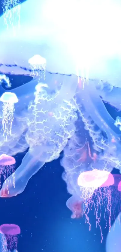 Vibrant jellyfish drifting in a glowing blue ocean scene.