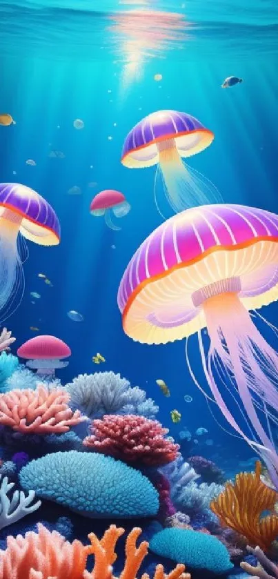 Vibrant jellyfish floating in a colorful ocean coral reef wallpaper.