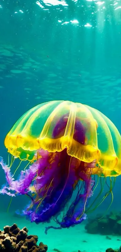Vibrant neon jellyfish underwater with colorful glow