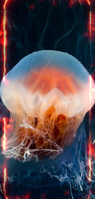 Vibrant jellyfish with neon light glow on mobile wallpaper.